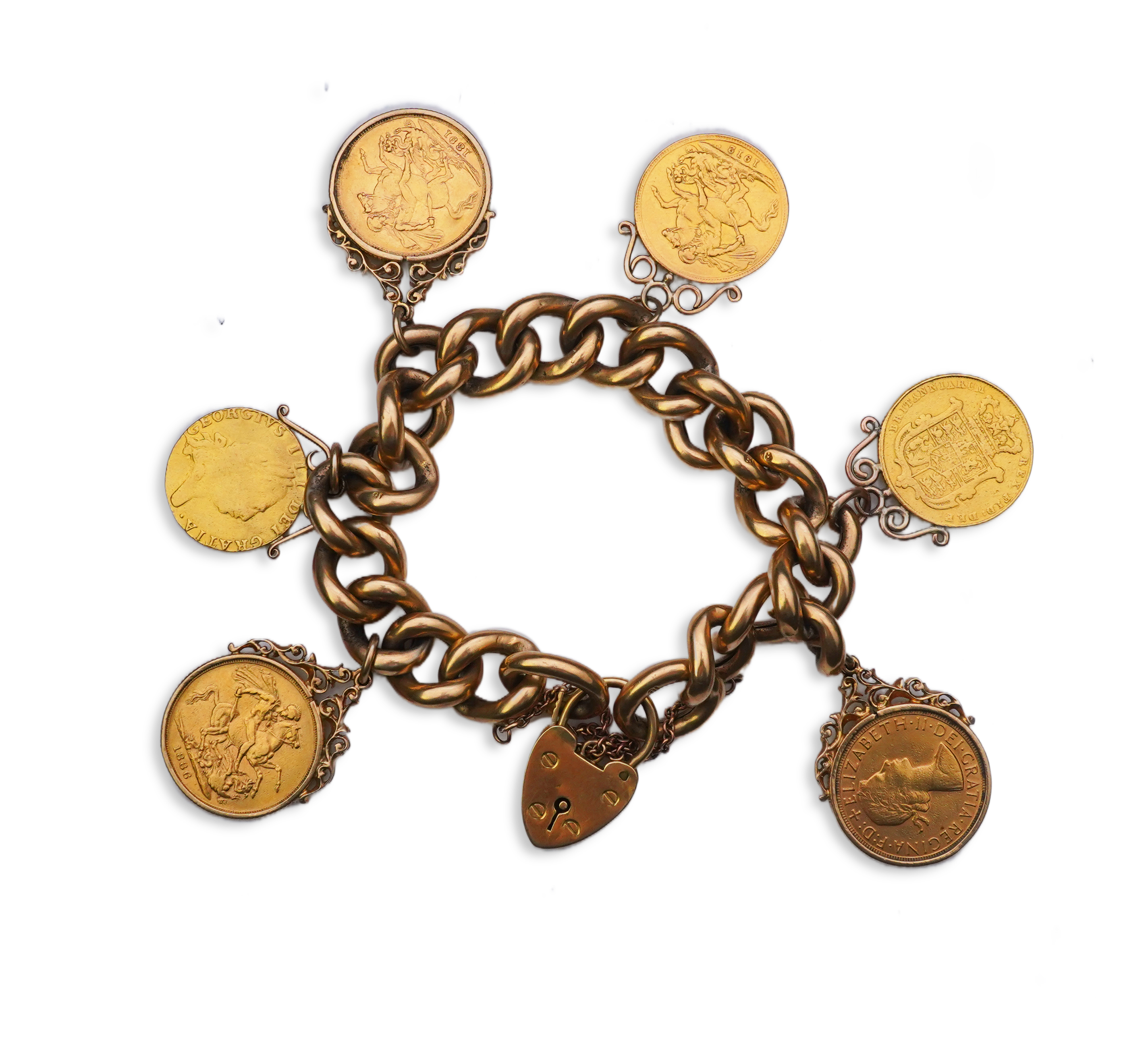 An Edwardian 18ct gold charm bracelet and five gold coin pendants